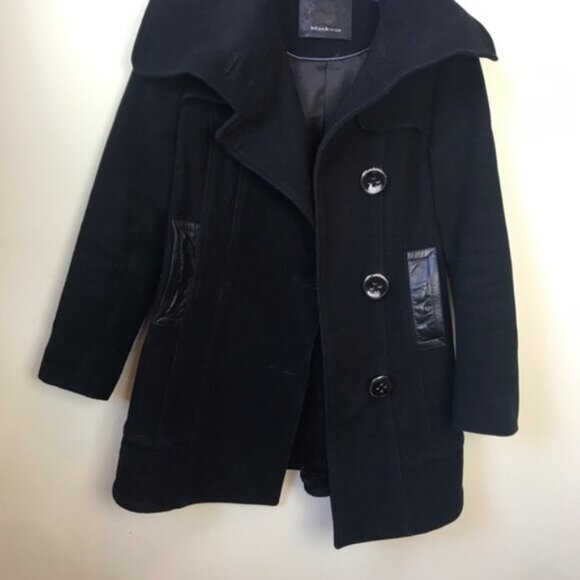 Mackage Wool Leather Fitted Car Coat Large Collar Pockets Wool Pea Coat Jacket - Picture 4 of 16